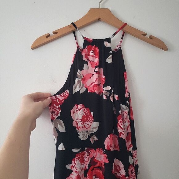 Candie's Floral Rose Print Halter Maxi Dress Skirt Slits Black Pink Keyhole S - Picture 3 of 9
